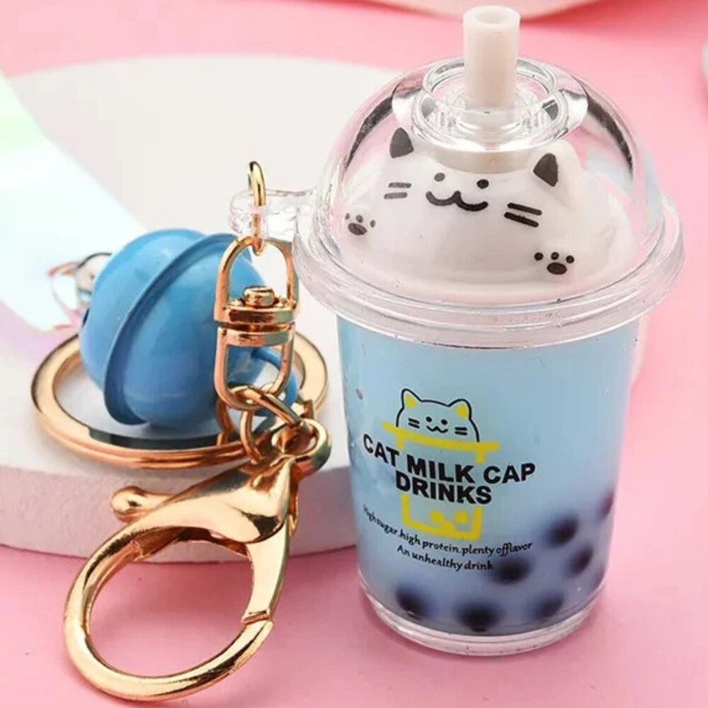 Blue Cat Milk Tea Boba Baby Liquid Keychain Fidget Toy Bag Charm Kawaii